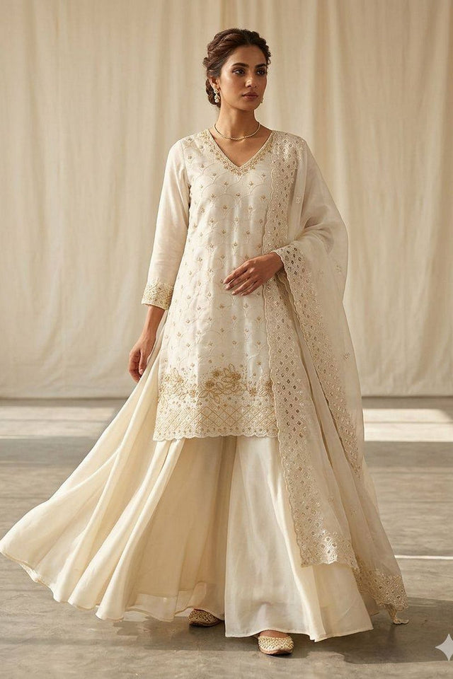 White Floral Embroidered Art Silk Sharara Suit (LM -17-White)