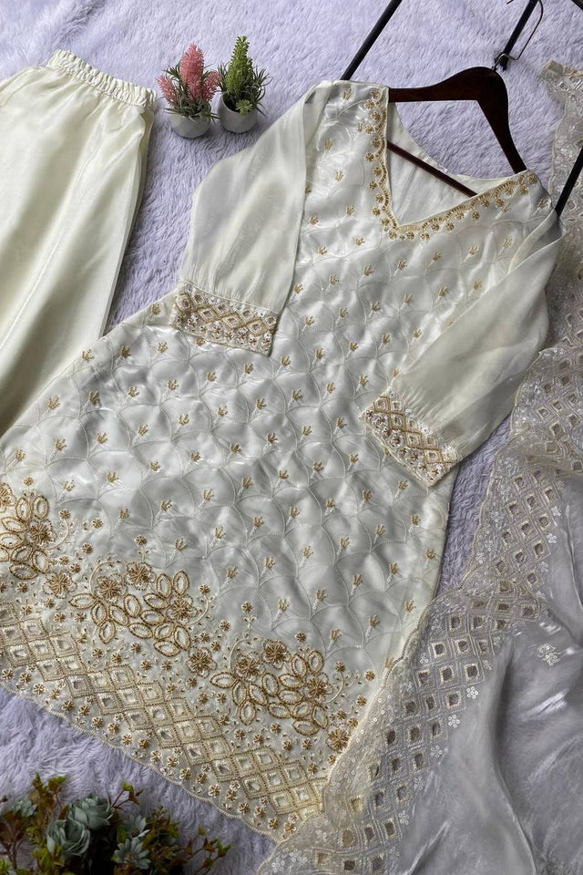 White Floral Embroidered Art Silk Sharara Suit (LM -17-White)