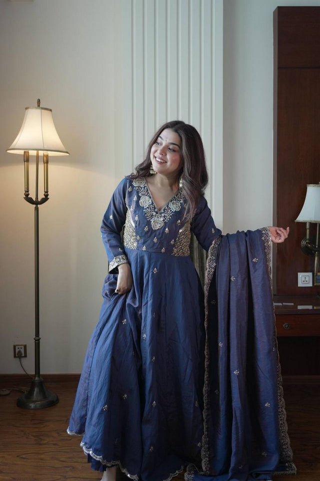 Blue Floral Embroidered Art Silk Anarkali Suit (LM -19-Blue)