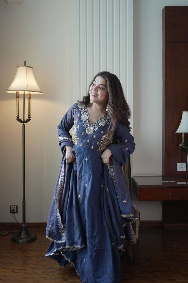 Blue Floral Embroidered Art Silk Anarkali Suit (LM -19-Blue)