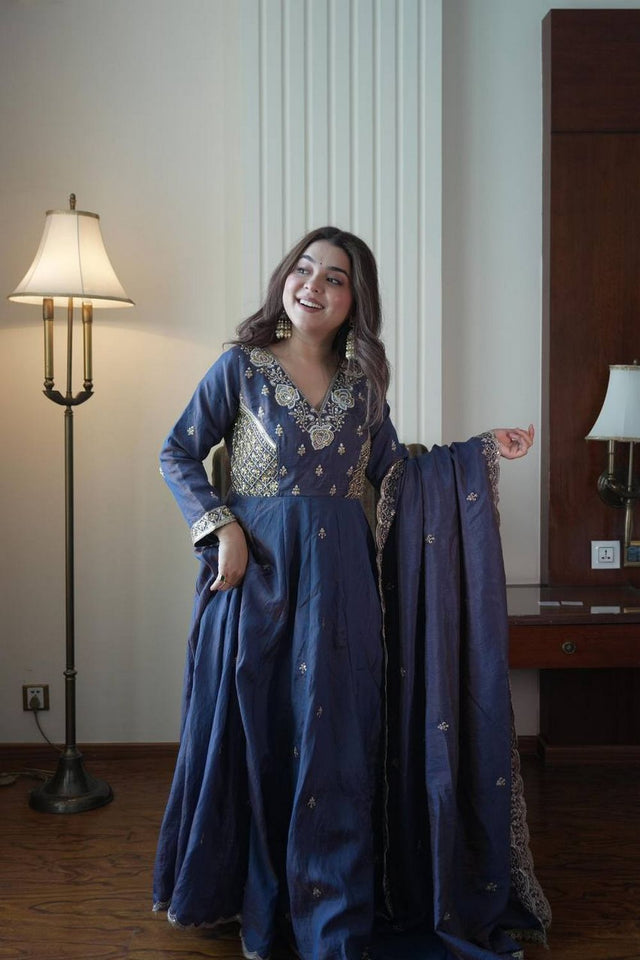 Blue Floral Embroidered Art Silk Anarkali Suit (LM -19-Blue)