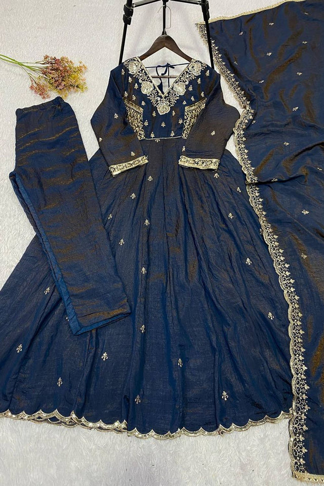 Blue Floral Embroidered Art Silk Anarkali Suit (LM -19-Blue)