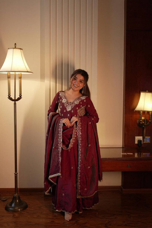 Maroon Floral Embroidered Art Silk Anarkali Suit (LM -19-Maroon)