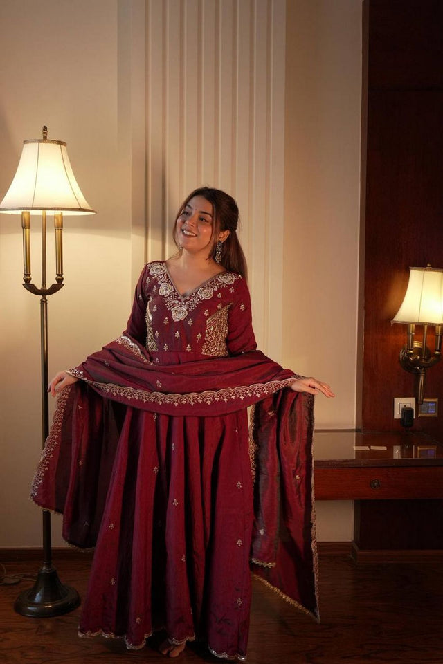 Maroon Floral Embroidered Art Silk Anarkali Suit (LM -19-Maroon)