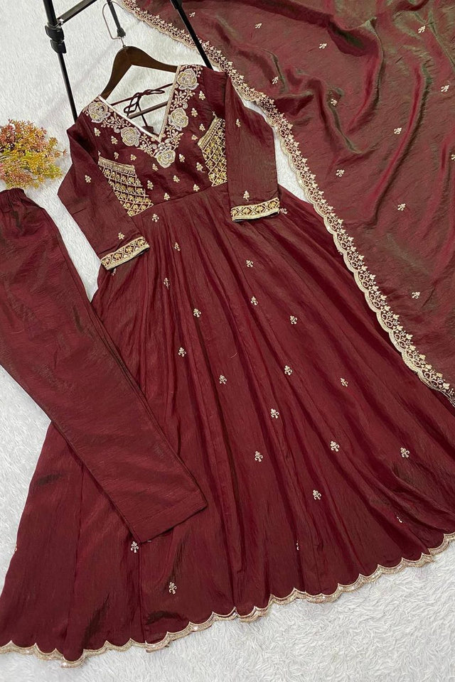 Maroon Floral Embroidered Art Silk Anarkali Suit (LM -19-Maroon)