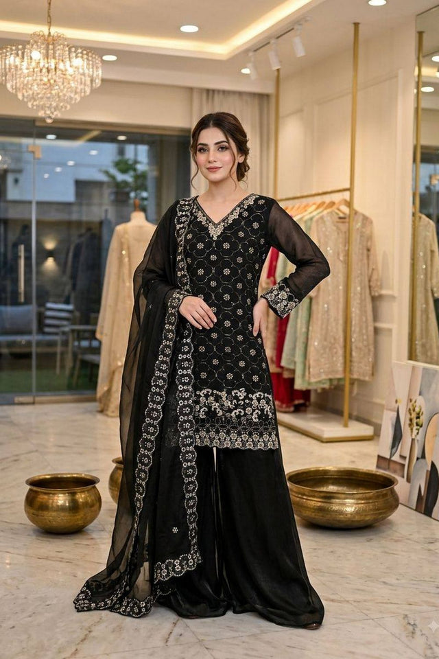 Black Floral Embroidered Art Silk Sharara Suit (LM -23-Black)