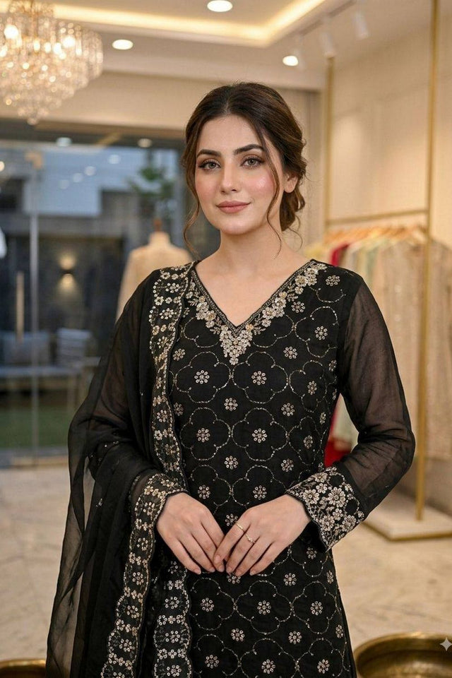 Black Floral Embroidered Art Silk Sharara Suit (LM -23-Black)