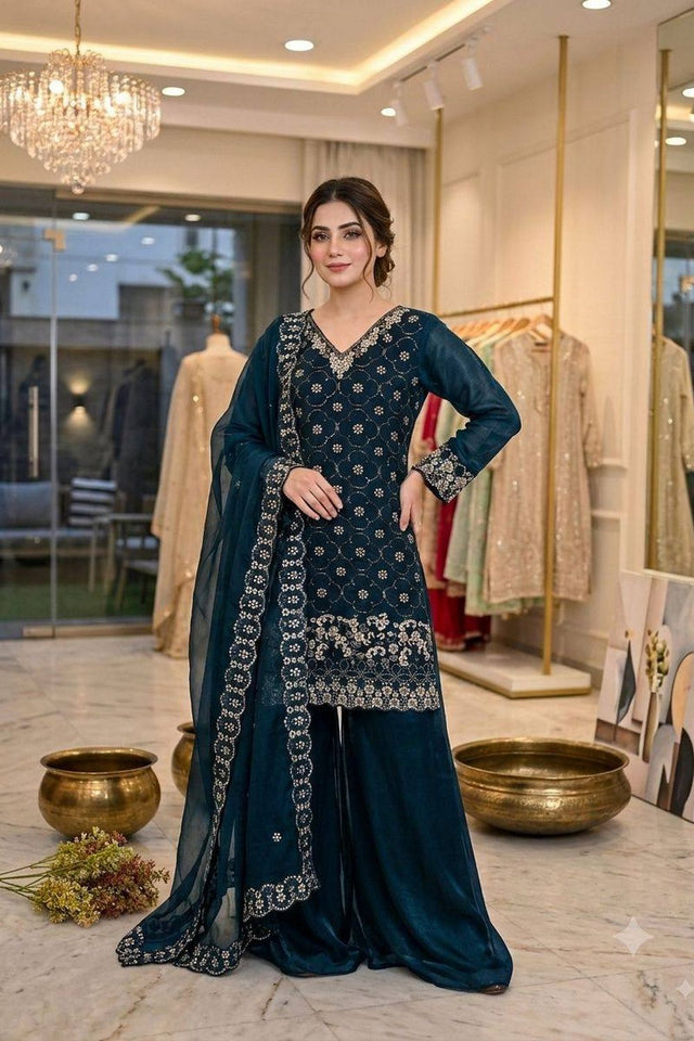 Blue Floral Embroidered Art Silk Sharara Suit (LM -23-Blue)