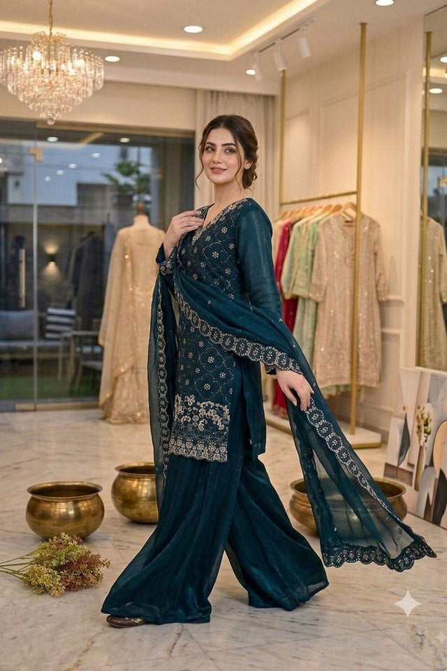 Blue Floral Embroidered Art Silk Sharara Suit (LM -23-Blue)