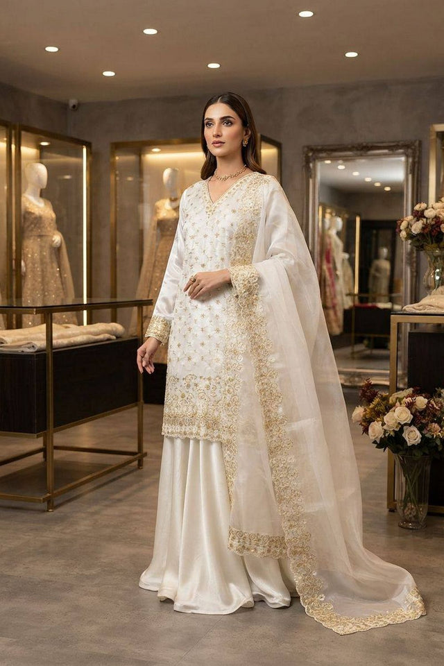 White Floral Embroidered Art Silk Sharara Suit (LM -23-White)