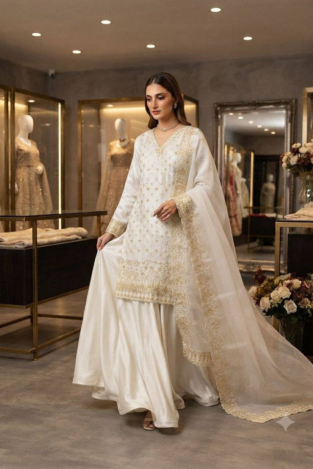 White Floral Embroidered Art Silk Sharara Suit (LM -23-White)