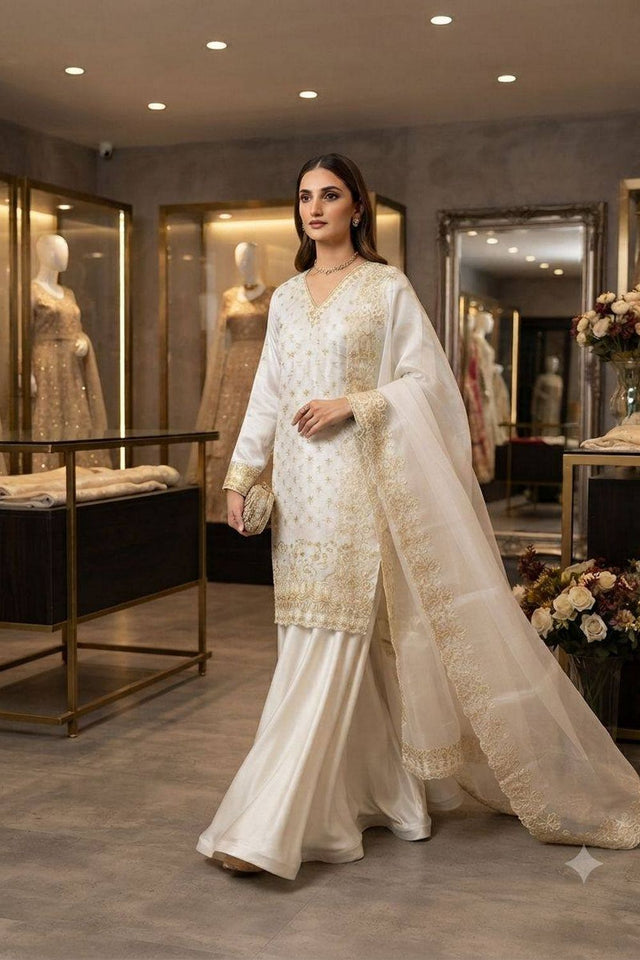 White Floral Embroidered Art Silk Sharara Suit (LM -23-White)