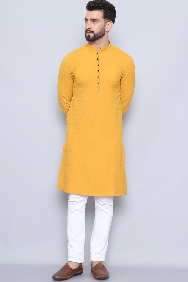 Men's Yellow Cotton Solid Long Kurta (LPP-BF1287-SFB)