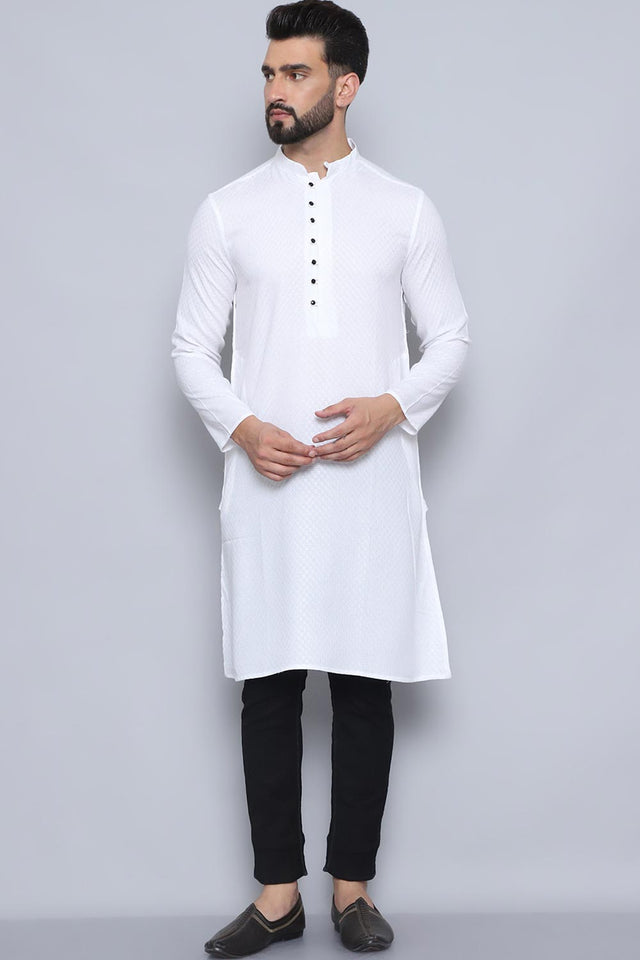 Men's White Cotton Solid Long Kurta