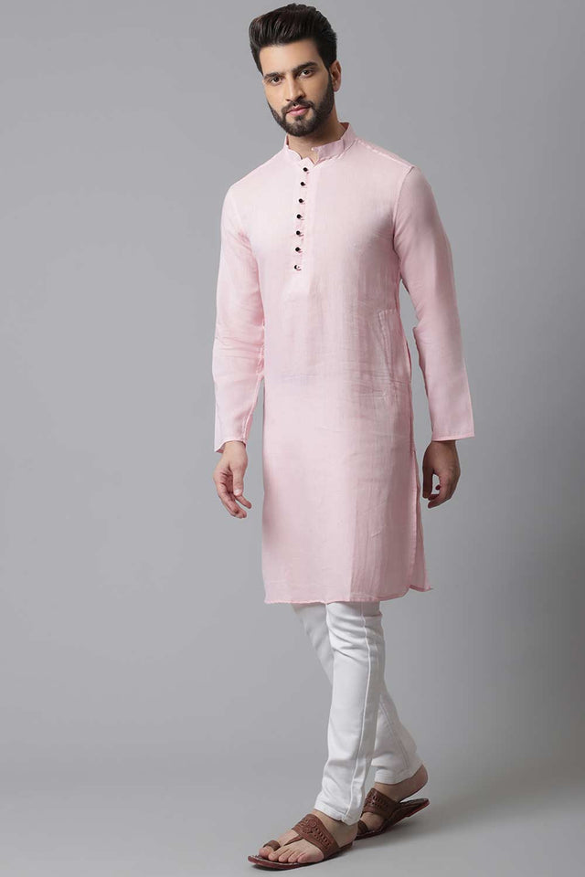 Men's Pink Cotton Solid Long Kurta