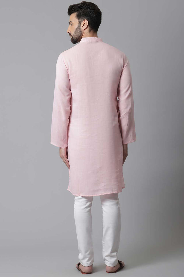 Men's Pink Cotton Solid Long Kurta