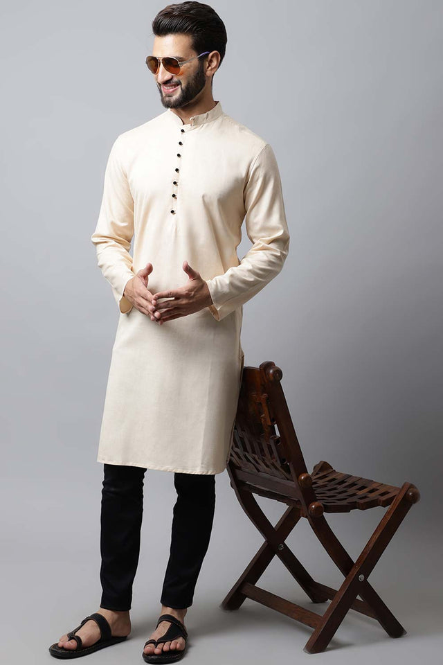 Men's Light Cream Solid Full Sleeve Long Kurta Top