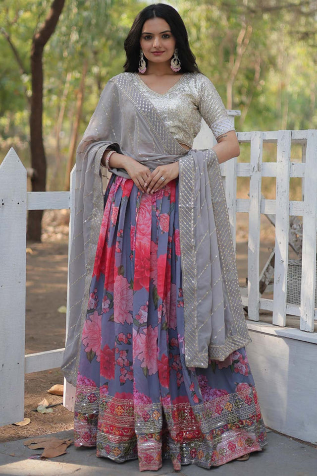 Multi Color Faux Georgette Digital Printed Lehenga