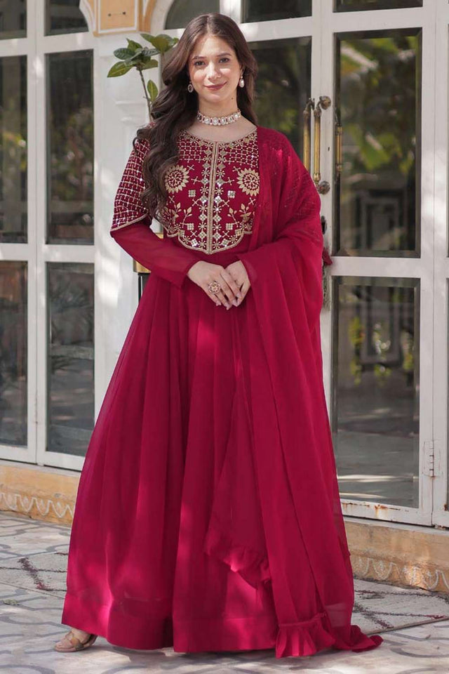 Red Sequin with Embroidered Georgette Gown