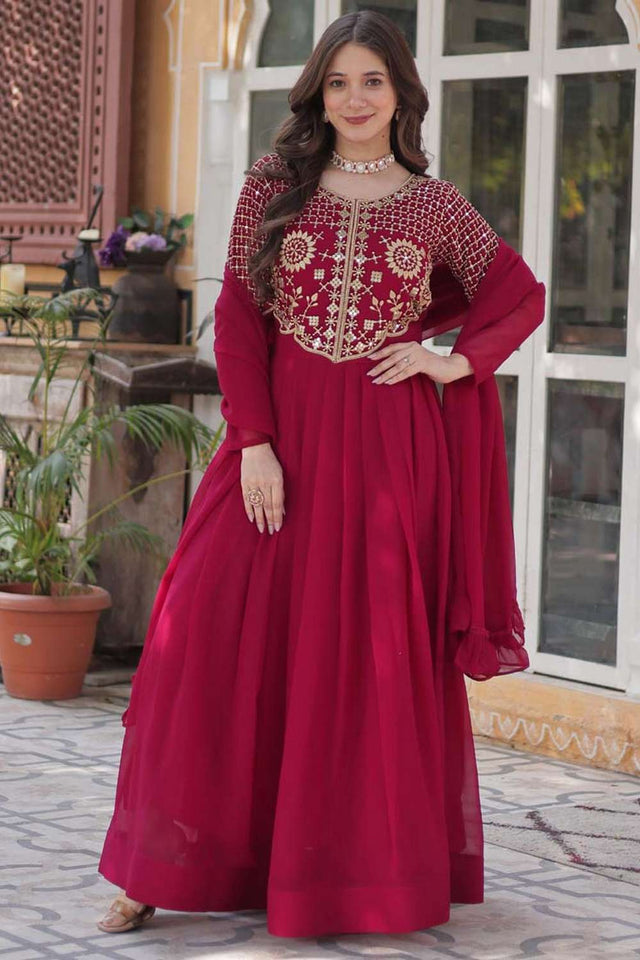 Red Sequin with Embroidered Georgette Gown