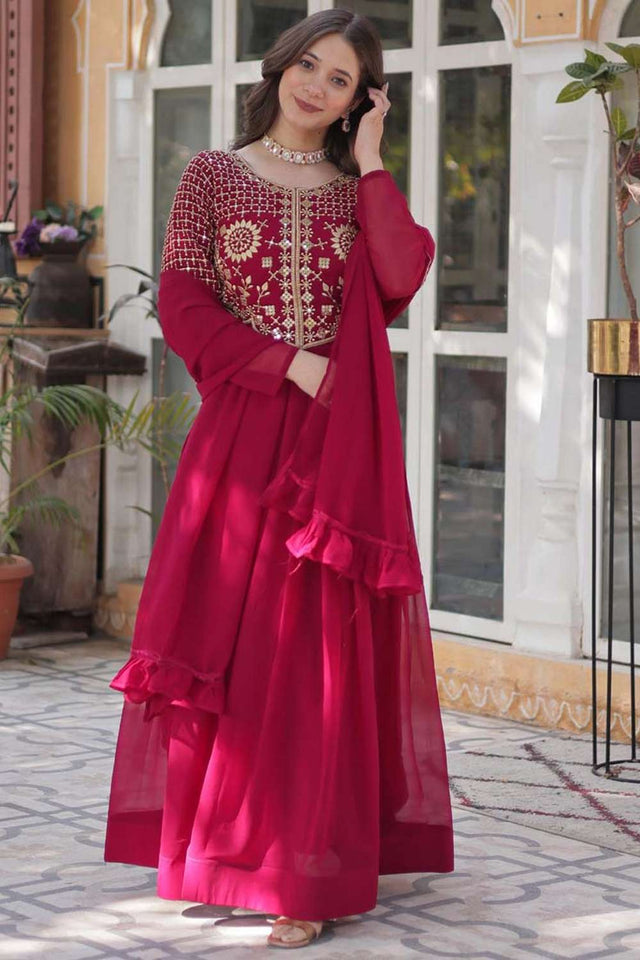 Red Sequin with Embroidered Georgette Gown