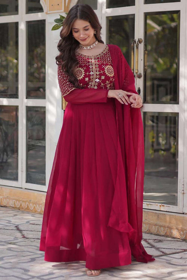 Red Sequin with Embroidered Georgette Gown