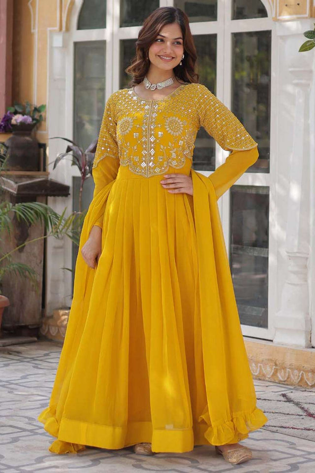 Yellow Sequin with Embroidered Georgette Gown