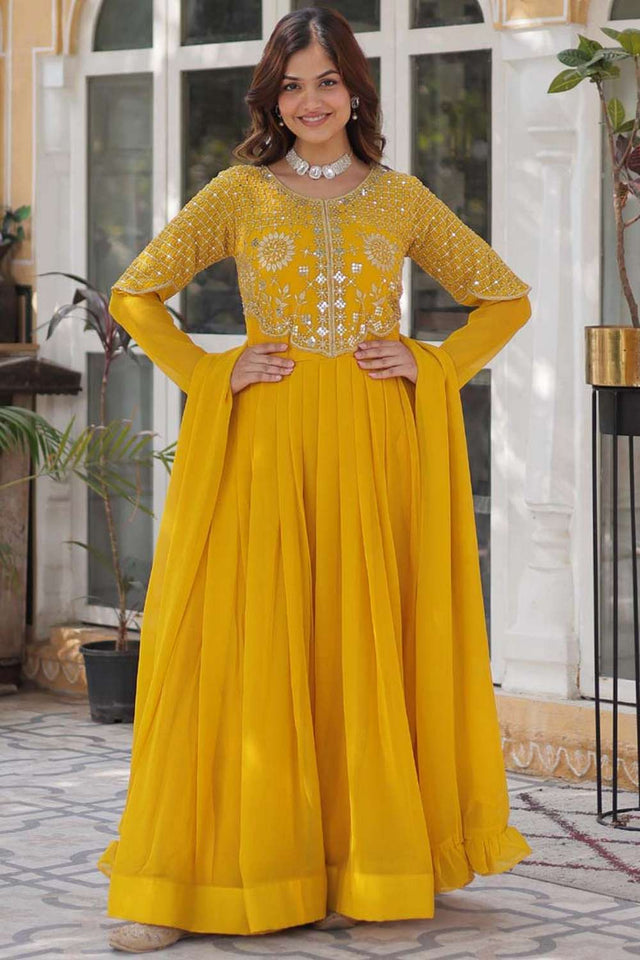 Yellow Sequin with Embroidered Georgette Gown