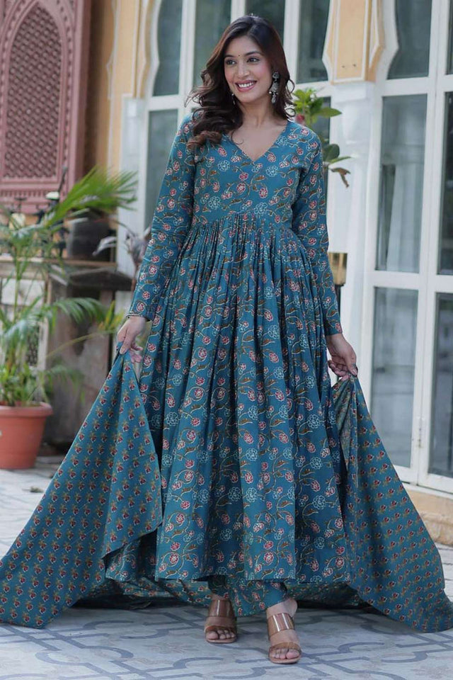 Turquoise Floral Printed Cotton Anarkali
