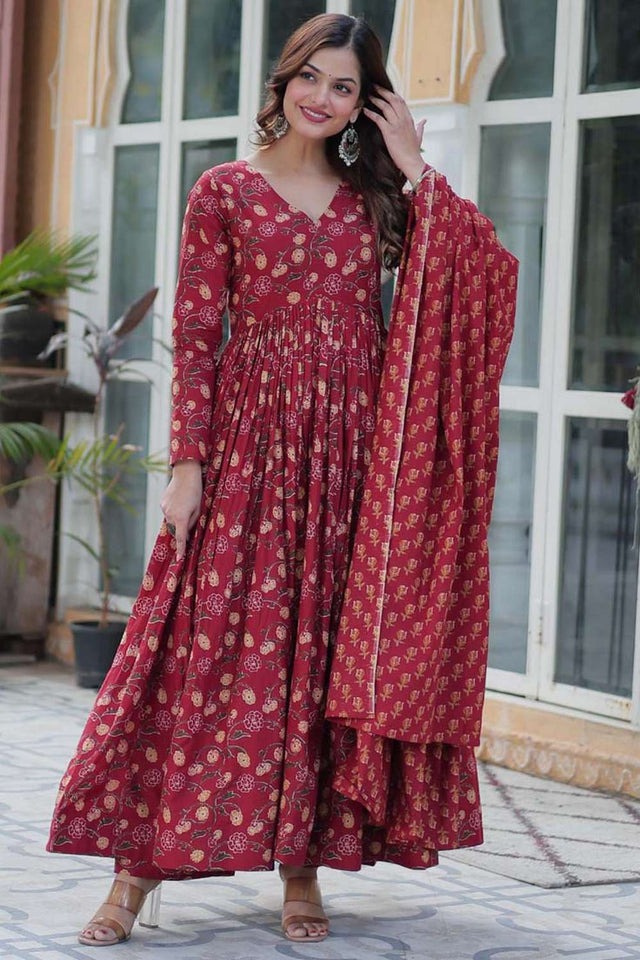 Maroon Floral Printed Cotton Anarkali