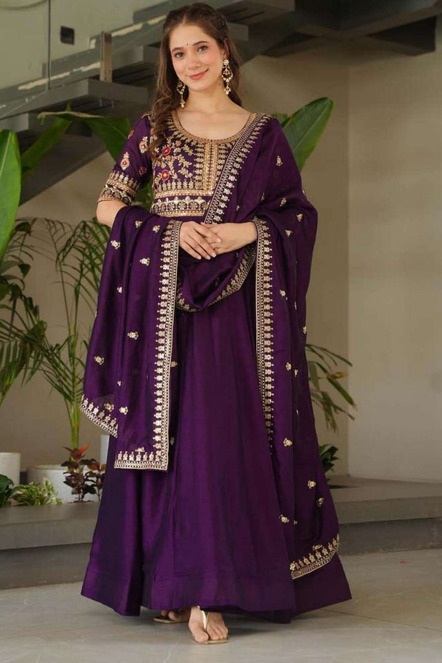 Violet Embroidered Silk Gown