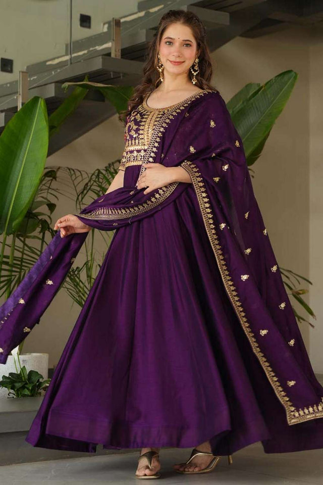 Violet Embroidered Silk Gown