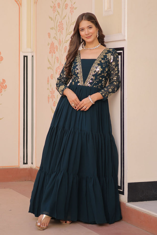 Turquoise Embroidered Georgette Gown