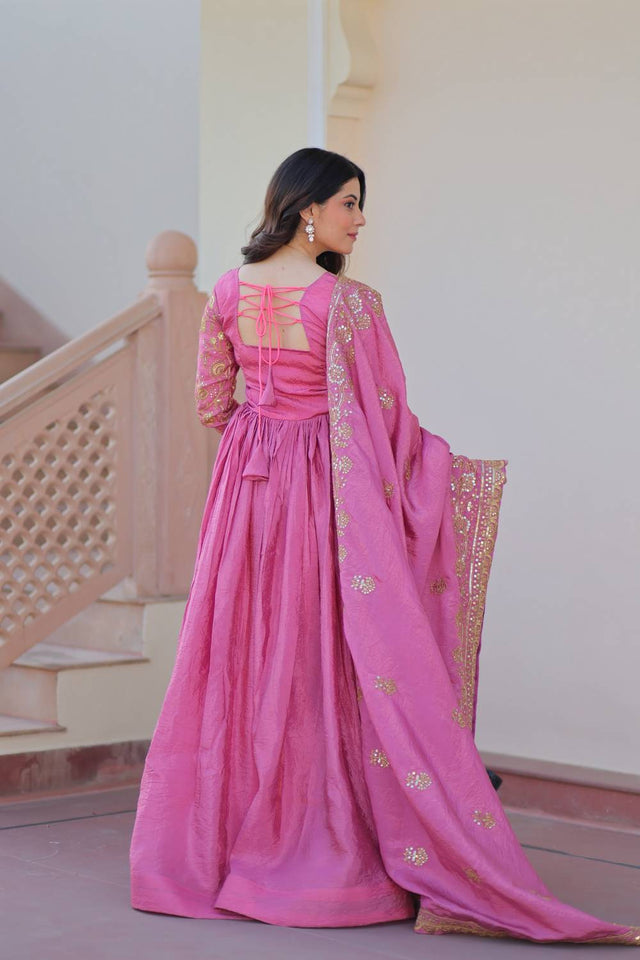 Pink Embroidered Silk Gown