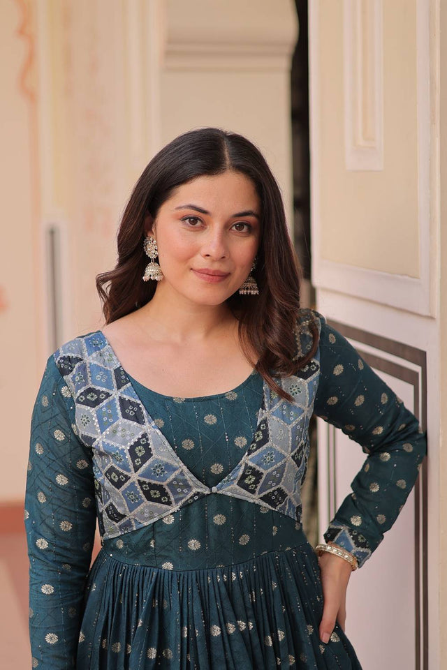 Turquoise Printed Silk Gown