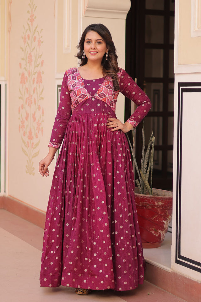 Wine Printed Silk Gown