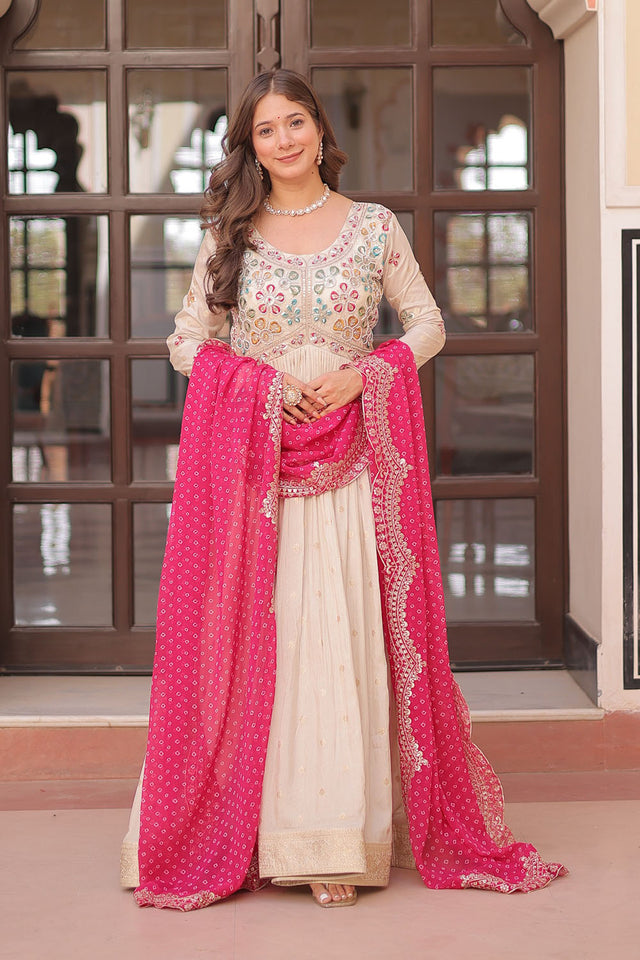 Cream Embroidered Silk Gown