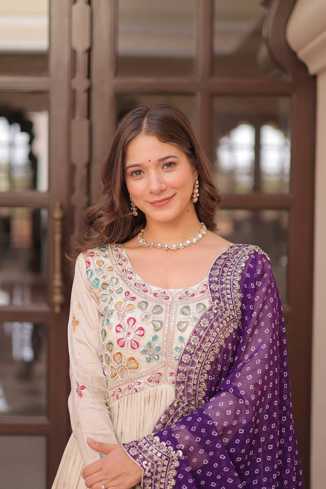 Cream Embroidered Silk Gown