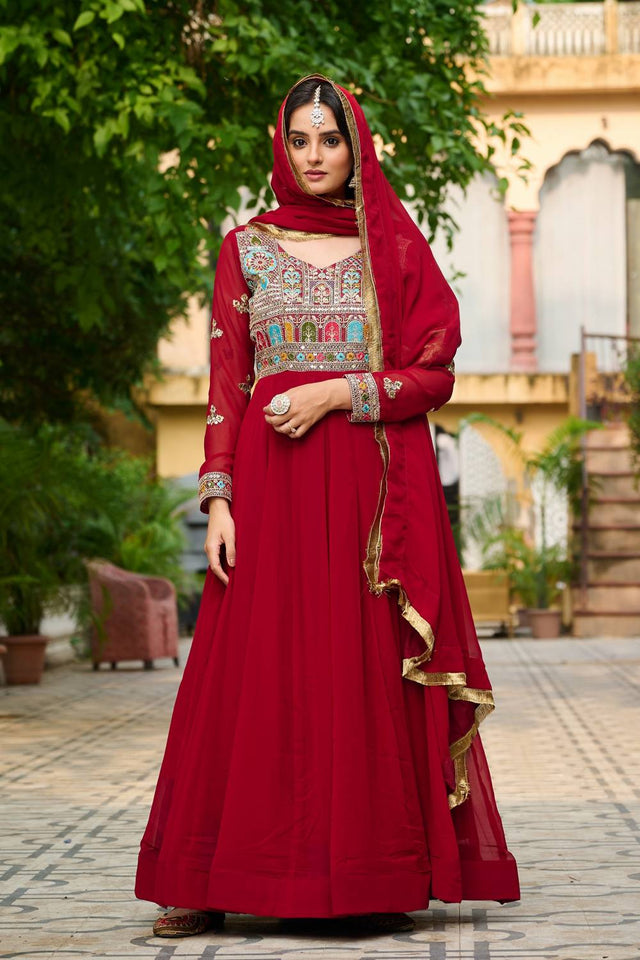 Maroon Embroidered Georgette Gown