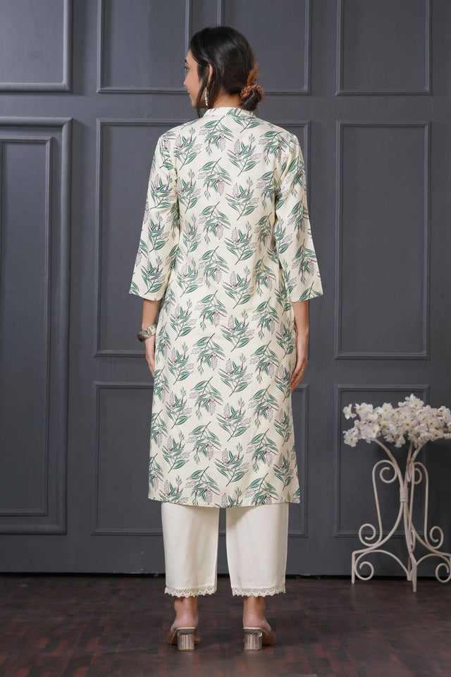 Green Floral Printed Rayon Kurti Pant Set