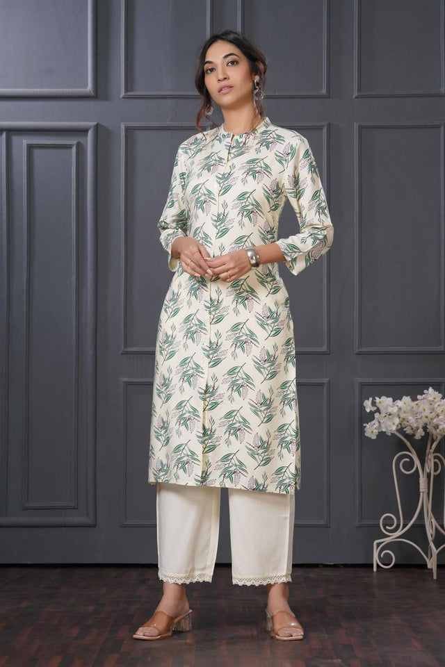 Green Floral Printed Rayon Kurti Pant Set
