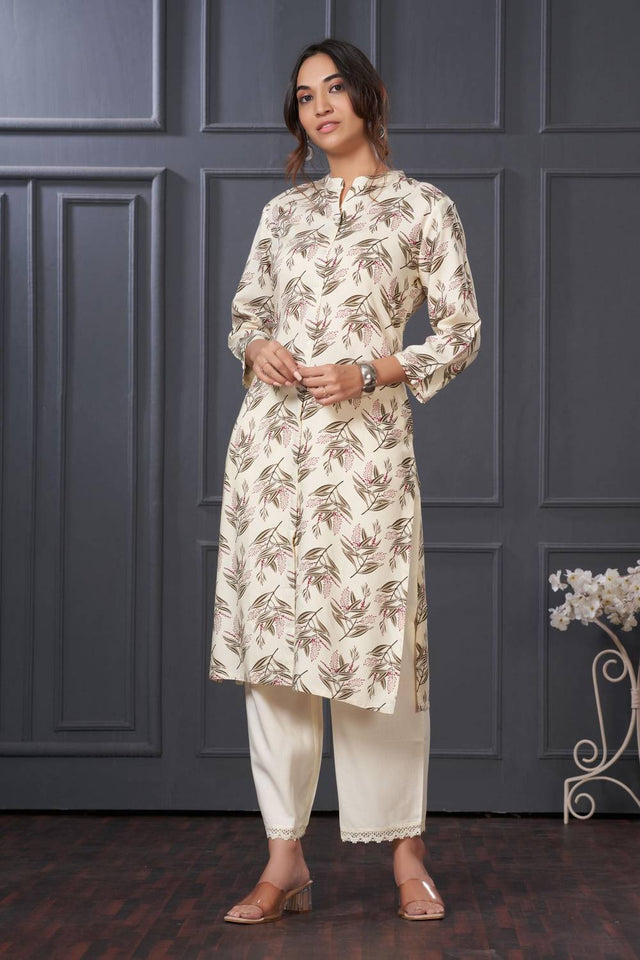 Olive Green Floral Printed Rayon Kurti Pant Set