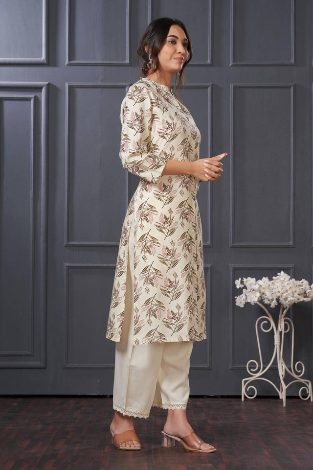 Olive Green Floral Printed Rayon Kurti Pant Set