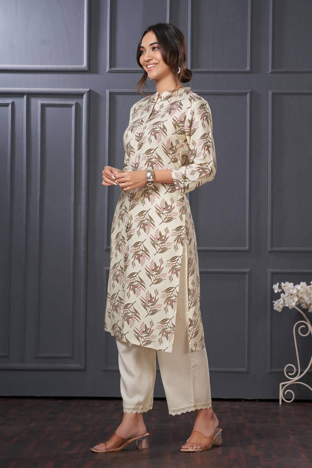 Olive Green Floral Printed Rayon Kurti Pant Set
