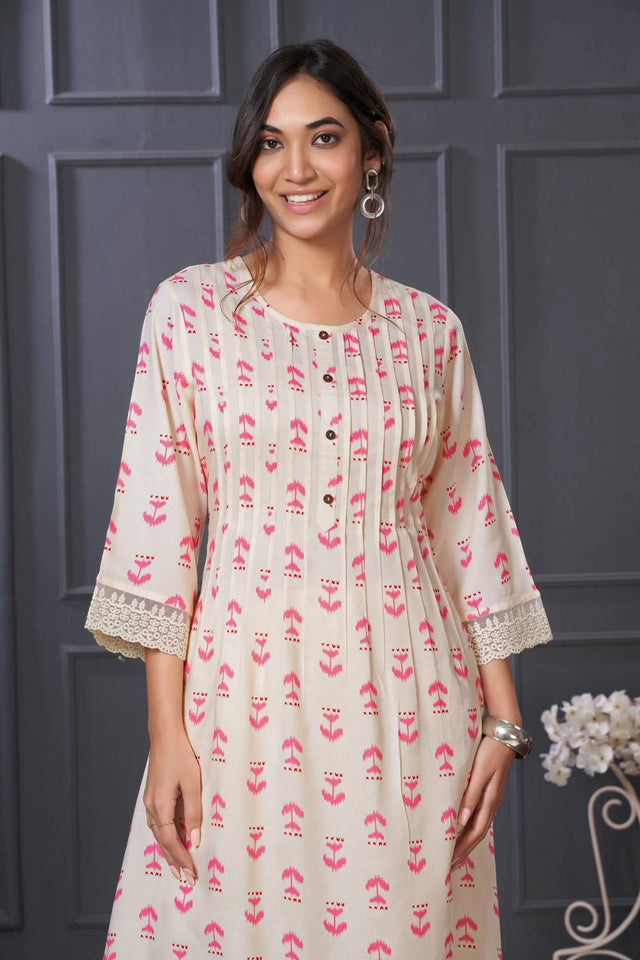 Pink Printed Rayon Kurti Pant Set