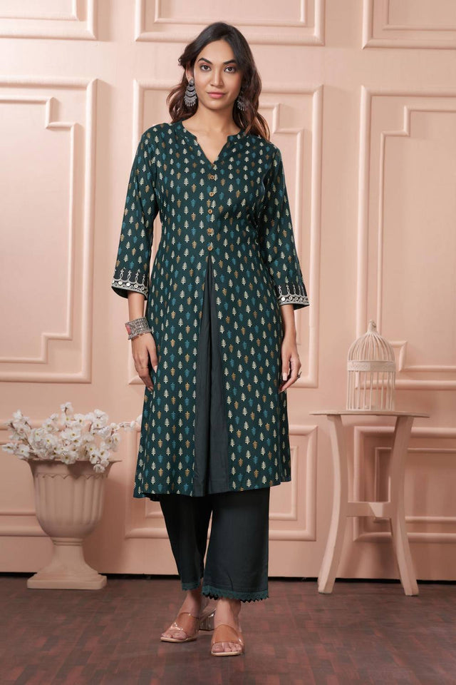 Green Printed Rayon Kurti Pant Set