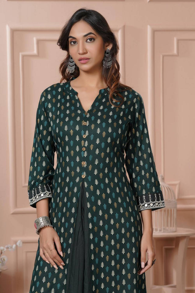 Green Printed Rayon Kurti Pant Set