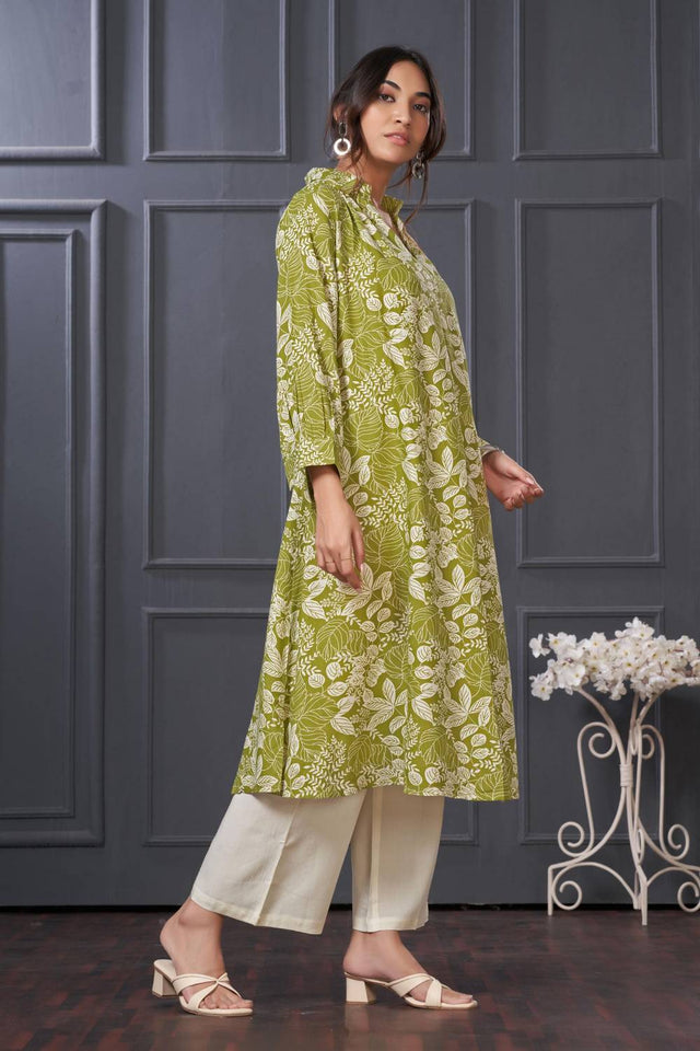 Green Printed Rayon Kurti Pant Set