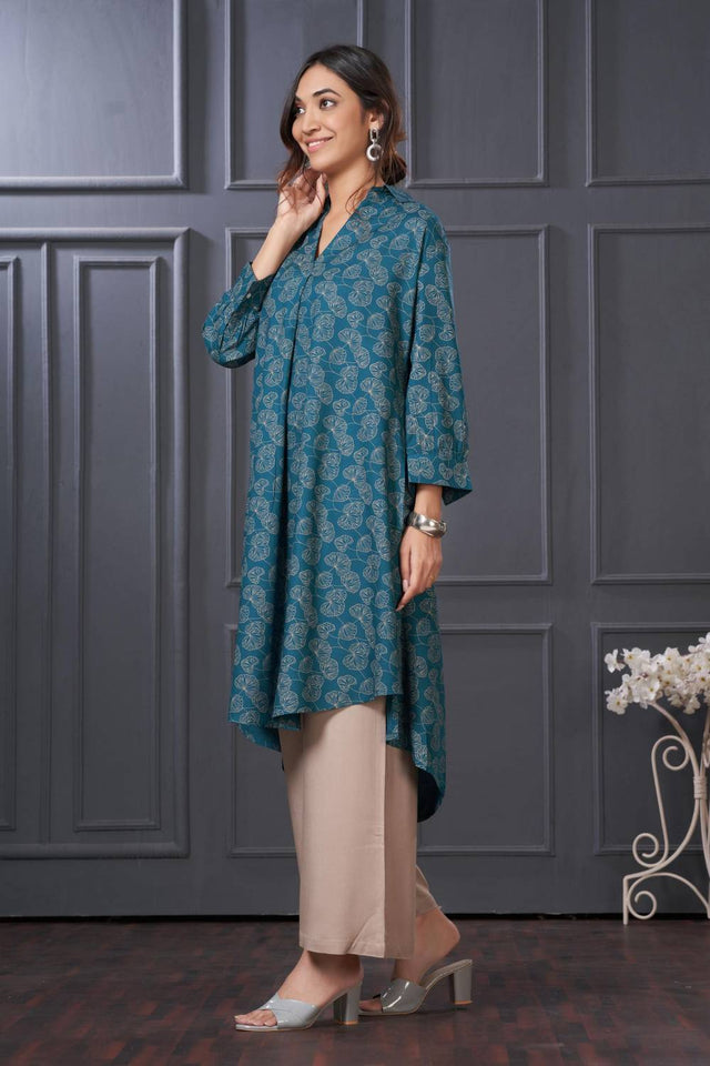 Turquoise Printed Rayon Kurti Pant Set