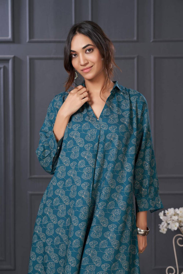 Turquoise Printed Rayon Kurti Pant Set